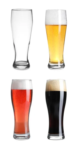 Set Prázdnou Plnou Pivních Sklenic Bílém Pozadí — Stock fotografie