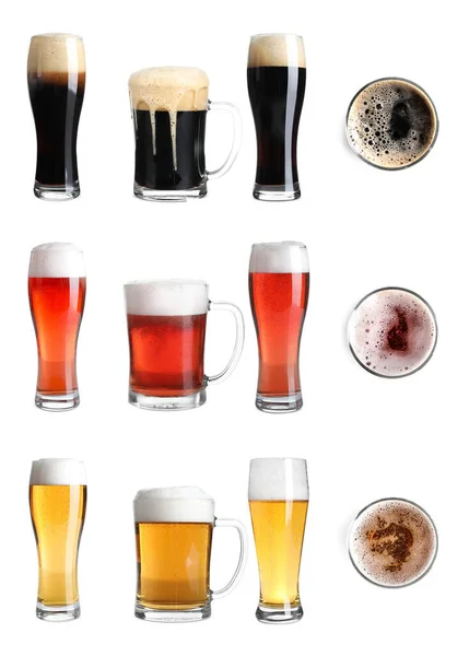 Set Glasses Cold Tasty Beer White Background — Stock Photo, Image