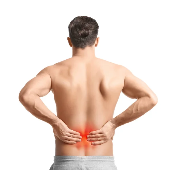Mann Leidet Unter Schmerzen Unteren Rücken Auf Weißem Hintergrund — Stockfoto
