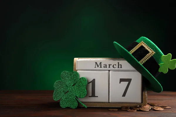 Composition Block Calendar Wooden Table Space Text Patrick Day Celebration — Stock Photo, Image