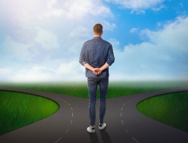 Choose your way. Man standing at crossroads taking important decision clipart