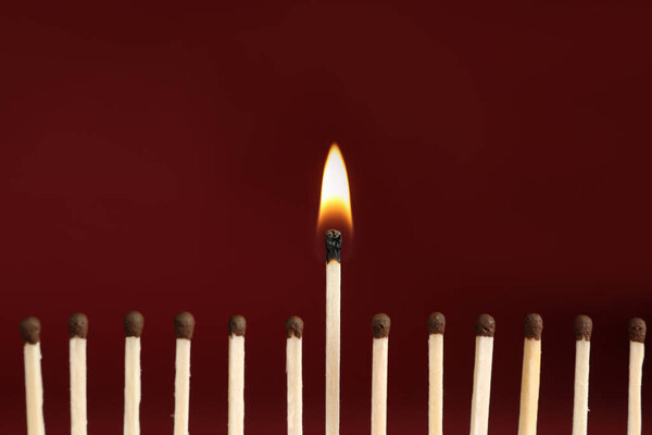 Burning match among unlit ones on red background, closeup