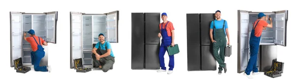 Collage Technischer Arbeiter Der Nähe Von Kühlschränken Auf Weißem Hintergrund — Stockfoto