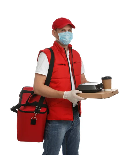 Courier Protective Gloves Mask Holding Order White Background Food Delivery — Stock Photo, Image