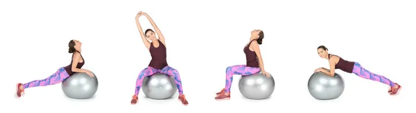 Collage Femme Avec Fitball Faire Des Exercices Sur Fond Blanc — Photo