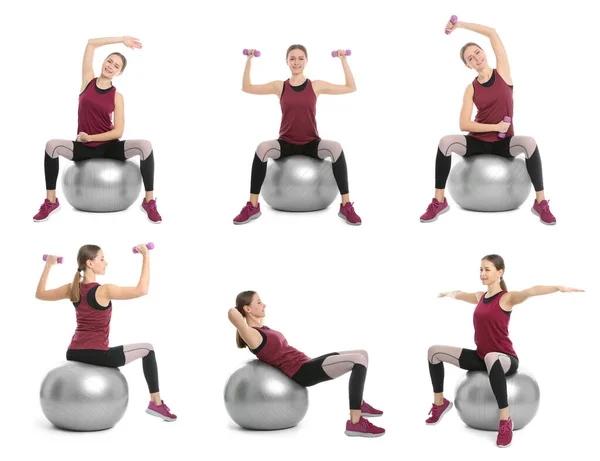 Collage Mujer Con Fitball Haciendo Ejercicios Sobre Fondo Blanco —  Fotos de Stock