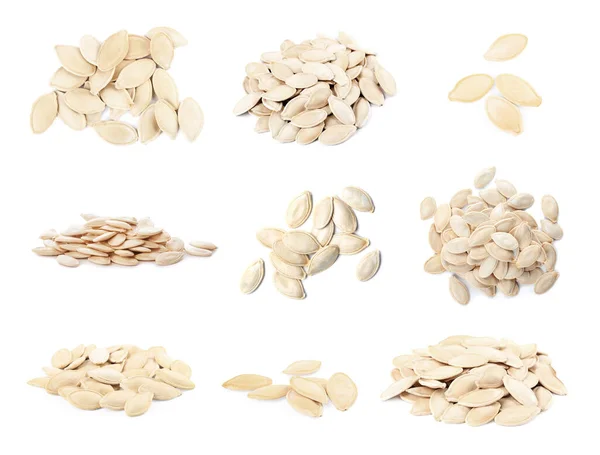 Set Raw Pumpkin Seeds White Background — Stock Photo, Image