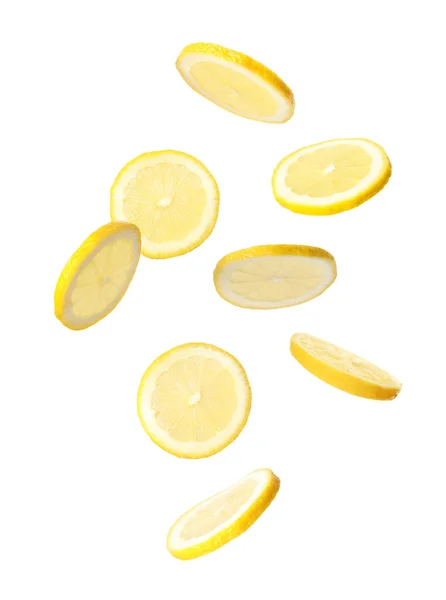 Набор Падающих Вкусных Лимонов Белом Фоне — стоковое фото