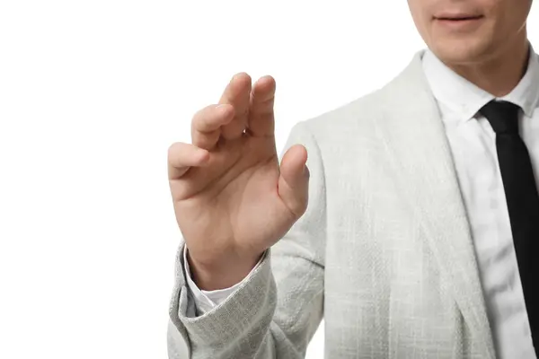 Businessman Touching Something White Background Closeup — Stock Photo, Image