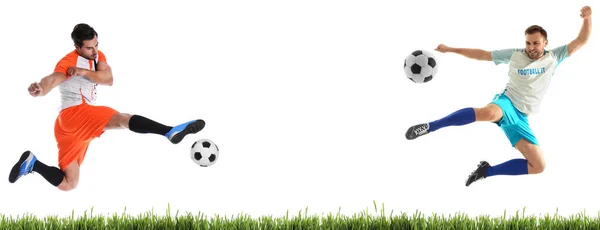 Young Men Playing Football White Background Banner Design — Stock Photo, Image