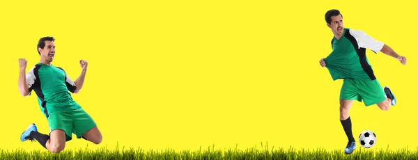 Νεαρός Που Παίζει Ποδόσφαιρο Κίτρινο Φόντο Χώρος Για Κείμενο Σχεδιασμός — Φωτογραφία Αρχείου
