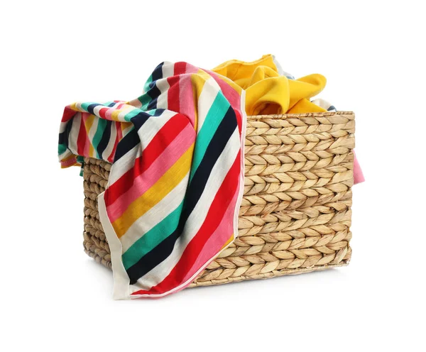 Wicker Laundry Basket Different Clothes Isolated White — Stock Photo, Image
