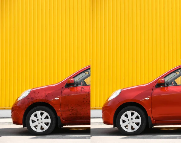 Moderno Automóvil Rojo Antes Después Del Lavado Aire Libre —  Fotos de Stock