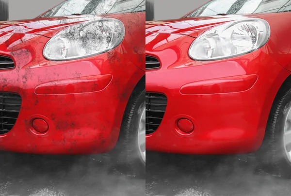 Σύγχρονο Κόκκινο Αυτοκίνητο Πριν Και Μετά Πλύσιμο — Φωτογραφία Αρχείου