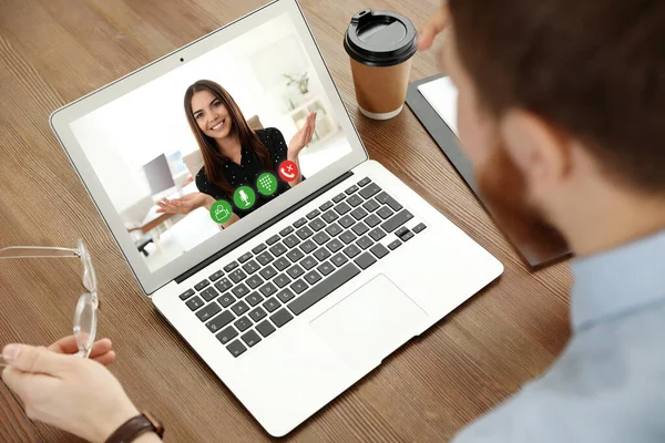 Man Using Video Chat Online Job Interview Office Closeup — Stock Photo, Image
