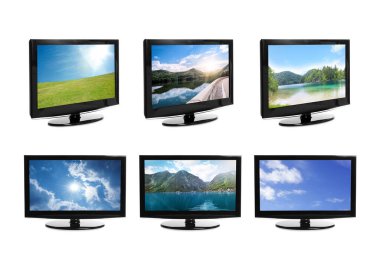 Set of modern plasma TVs with landscape on screens against white background clipart