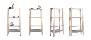 Beyaz arkaplanda ahşap raf birimleri ile ayarlayın, pankart tasarımı 