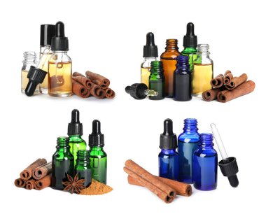 Temel yağlar, tarçın çubukları ve beyaz arkaplanda pudra ile ayarlandı