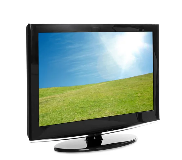 Современный Плазменный Телевизор Пейзажем Белом Фоне — стоковое фото