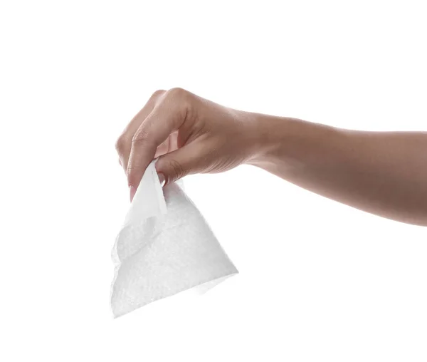 Woman Holding Wet Wipe White Background Closeup — Stock Photo, Image