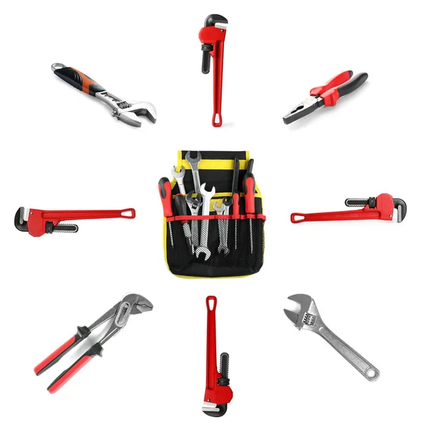 Set Met Tas Verschillende Loodgieter Tools Witte Achtergrond — Stockfoto