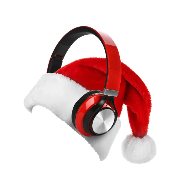 Święty Mikołaj Czerwony Kapelusz Słuchawki Białym Tle Koncepcja Muzyki Świątecznej — Zdjęcie stockowe