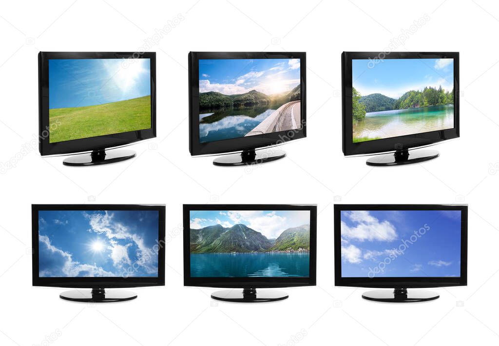 Set of modern plasma TVs with landscape on screens against white background