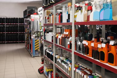 Araba bakımı ürünleri ve lastikleri otomobil mağazasında raflar