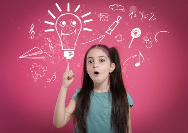 Creative illustration and thoughtful little girl on pink background. Idea generation clipart