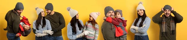 Collage Photos People Wearing Warm Clothes Yellow Background Banner Design — Stock Photo, Image