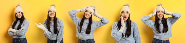 Colagem Com Fotos Jovem Mulher Vestindo Roupas Quentes Fundo Amarelo — Fotografia de Stock