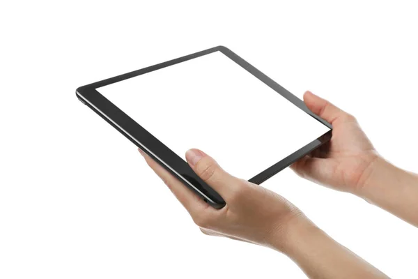 Woman Holding Tablet Computer Blank Screen White Background Closeup Modern — Stock Photo, Image