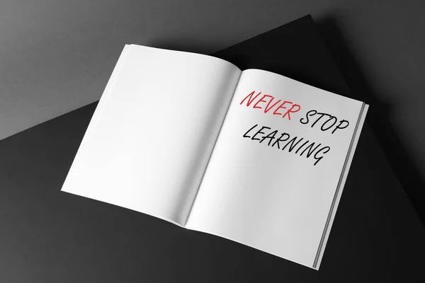 Open Book Phrase Never Stop Learning Dark Background View — 스톡 사진