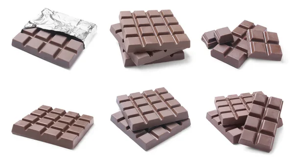 Set Met Heerlijke Chocoladerepen Witte Achtergrond — Stockfoto