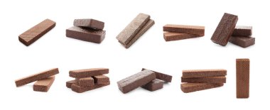 Beyaz arka planda farklı lezzetli çıtır gofretler, pankart tasarımı. Tatlı yemek.