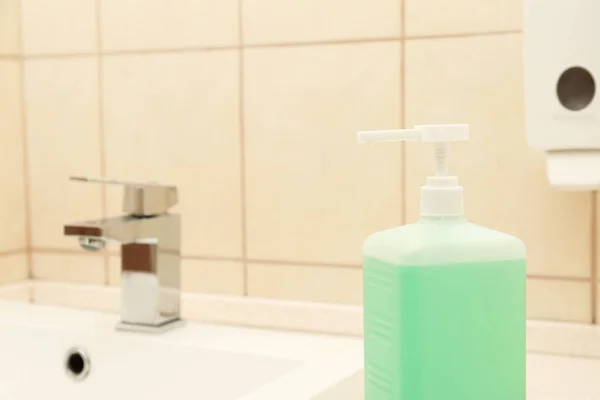 Dispenser Bottle Antiseptic Gel Public Bathroom Space Text — Stock Photo, Image
