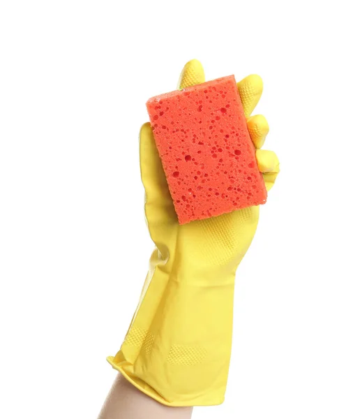 Person Rubber Glove Sponge White Background Closeup Hand — Stock Photo, Image