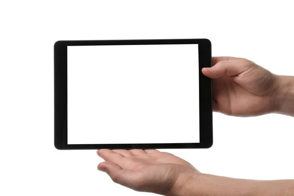 Homem Segurando Computador Tablet Com Tela Branco Fundo Branco Close — Fotografia de Stock