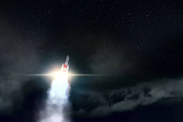 Запуск Ракеты Полете Ночное Звездное Небо Фон Космическая Миссия — стоковое фото