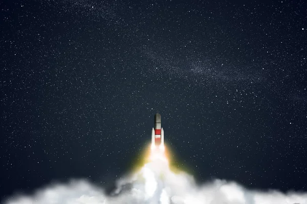 Lanserade Raket Flykt Stjärnhimmelsbakgrund Rymduppdrag — Stockfoto