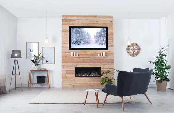 Living Room Interior Decorative Fireplace Modern Set — Stock Photo, Image