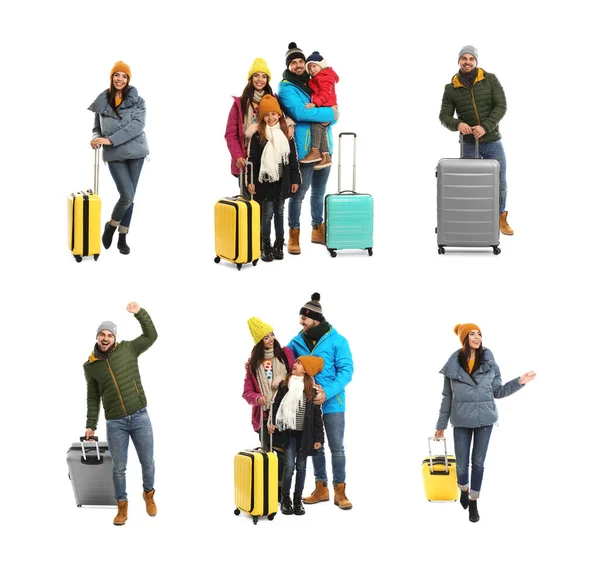 Mensen Warme Kleren Met Koffers Witte Achtergrond Collage — Stockfoto