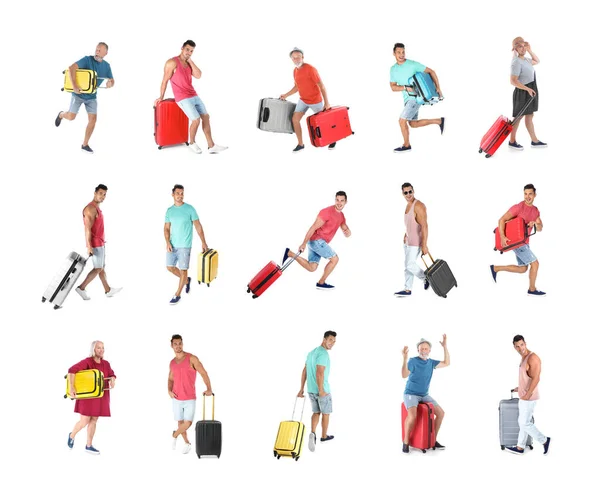 Emberek Különböző Bőröndök Fehér Háttér Kollázs — Stock Fotó