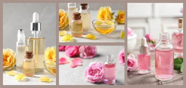 Collage Verschiedener Fotos Mit Ätherischen Ölen Und Blumen Bannerdesign — Stockfoto