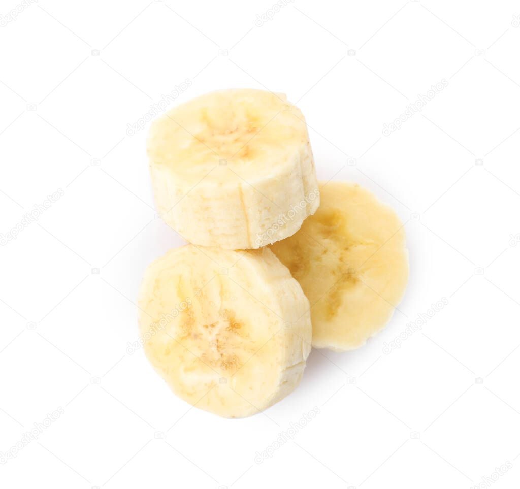 Pieces of tasty ripe banana isolated on white, top view