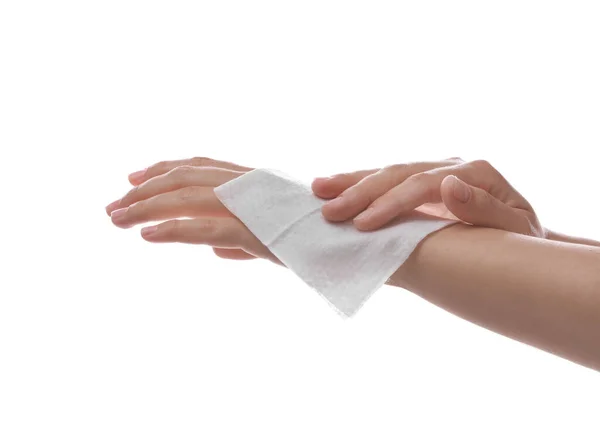 Woman Cleaning Wrist Wet Wipe White Background Closeup — Stock Photo, Image