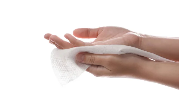 Mulher Mão Limpeza Com Pano Molhado Fundo Branco Close — Fotografia de Stock