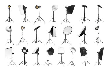 Set with different studio lightings on white background clipart