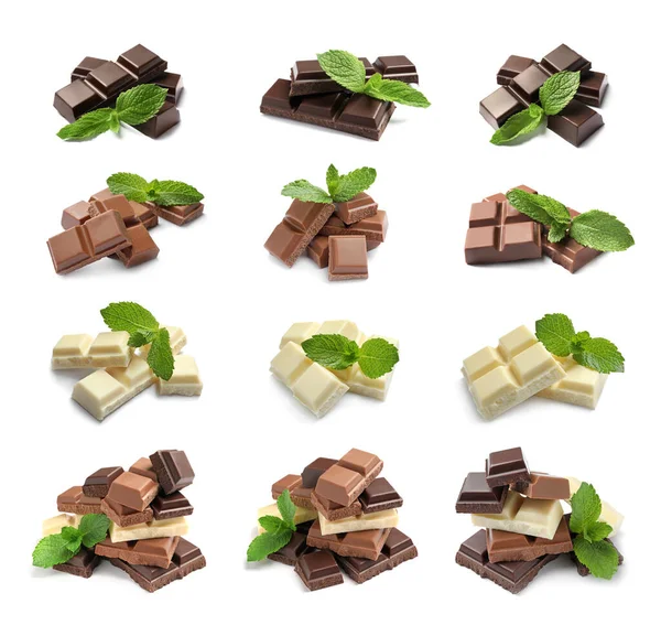 Set with different types of chocolate with mint on white background