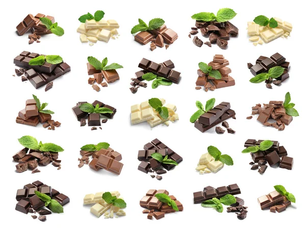 Набор Различными Видами Шоколада Свежей Мяты Белом Фоне — стоковое фото